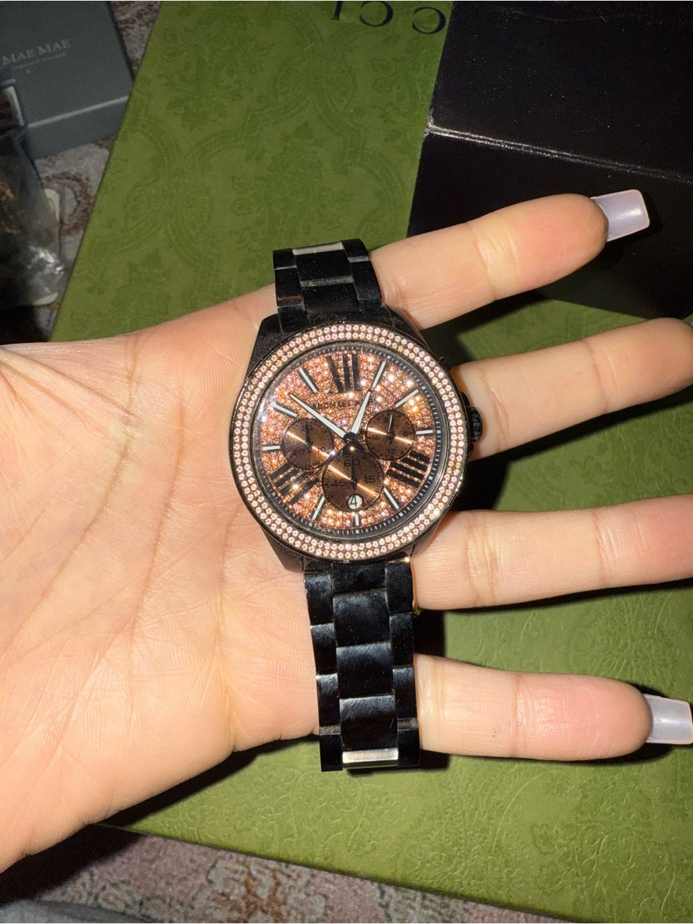 Michael Kors Black Bracelet Watch with Rose Gold Sparkle Dial and Crystal Bezel - Picture 3 of 3